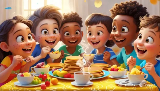 Joyful Kids Enjoying a Colorful Breakfast – AI Generated Video | Hailuo AI
