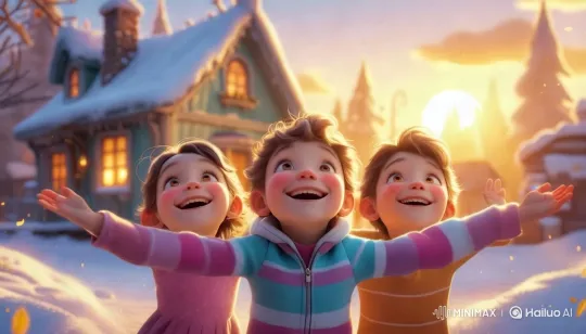 Joyful Kids Embrace Serene Winter Morning – AI Generated Video | Hailuo AI