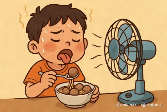 Child Eats Spicy Meatballs Amidst Strong Fan's Breeze – AI Generated Video | Hailuo AI