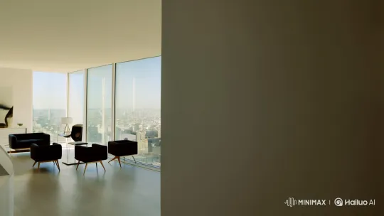 Young Woman in Sunlit Room Observes Bustling Cityscape – AI Generated Video | Hailuo AI