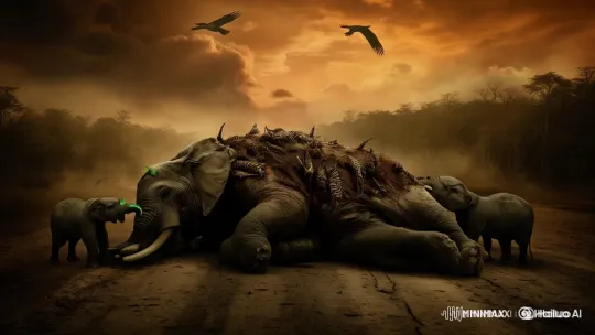 Distressed Elephant with Parasites Amidst Family in Dusky Forest – AI Generated Video | Hailuo AI