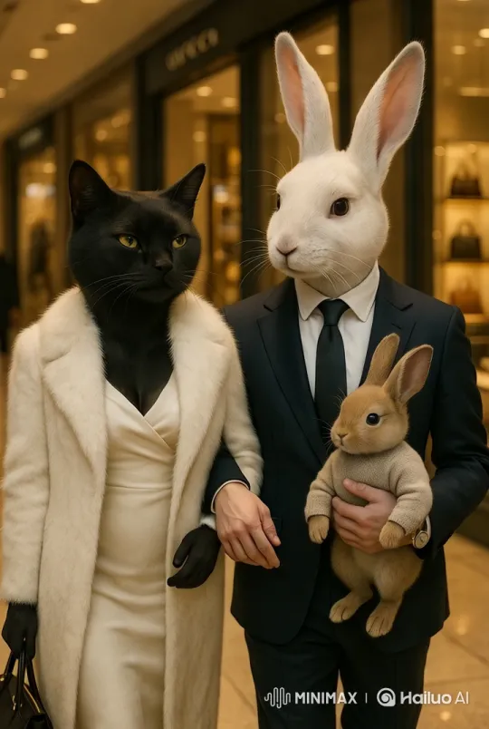 Luxury Boutique: Elegant Cat-Rabbit Family Walk – AI Generated Video | Hailuo AI