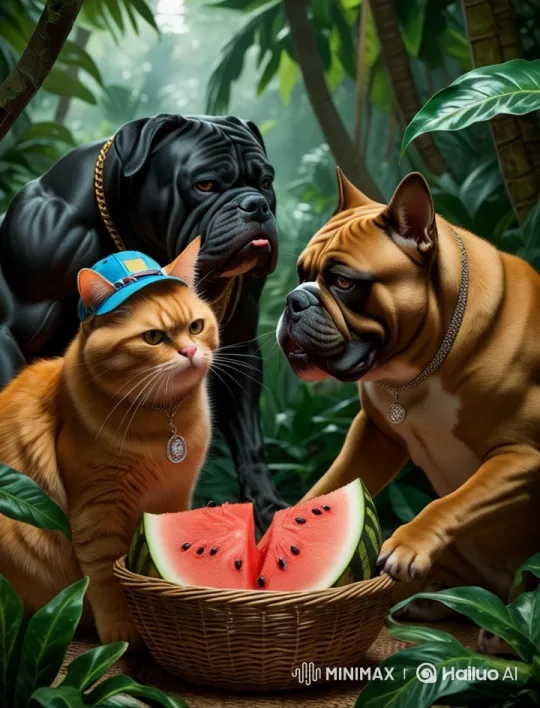 Bulldogs Fight, Cat Calmly Eats Watermelon – AI Generated Video | Hailuo AI