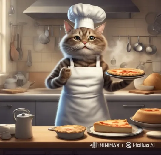 Cat Chef Bakes a Pie in Cozy Kitchen – AI Generated Video | Hailuo AI