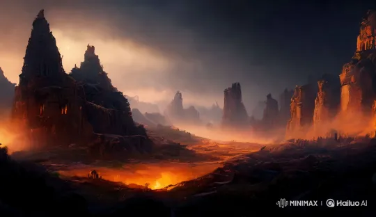 Dramatic Aerial of Lava-Lit Rocky Landscape – AI Generated Video | Hailuo AI