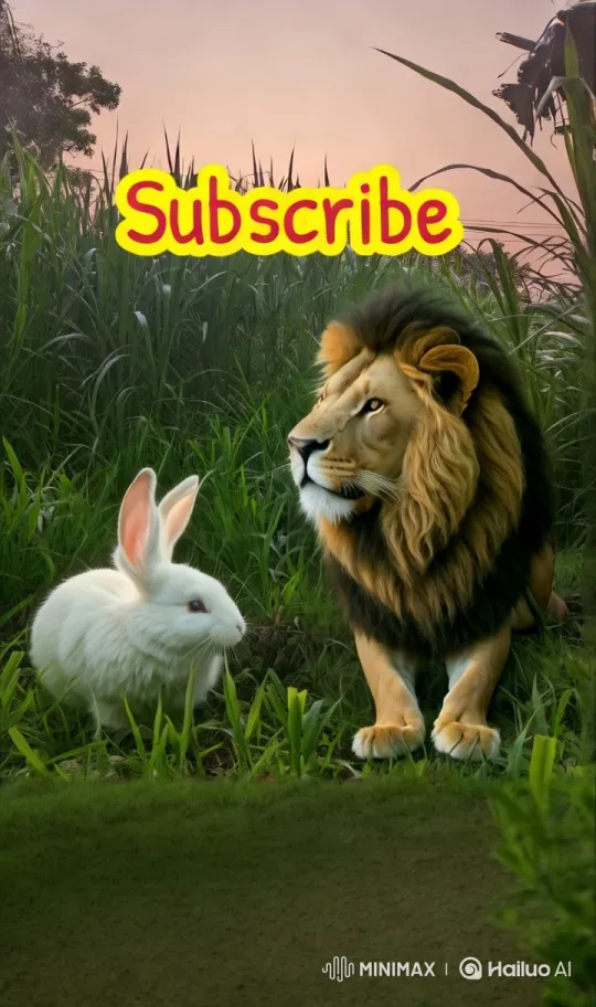 Majestic Lion, Cute Rabbit in Serene Setting – AI Generated Video | Hailuo AI