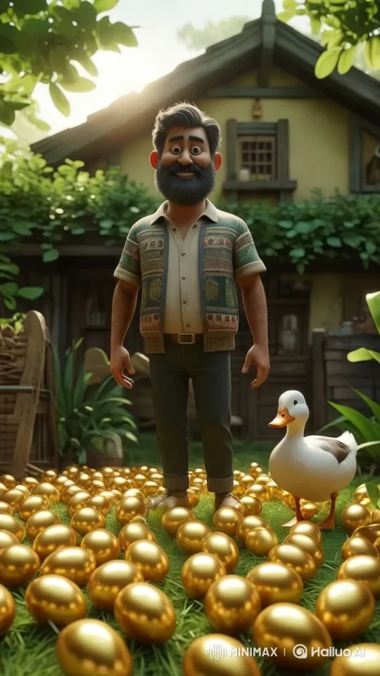 Farmer Astonished by Golden Eggs Amidst Pastoral Serenity – AI Generated Video | Hailuo AI