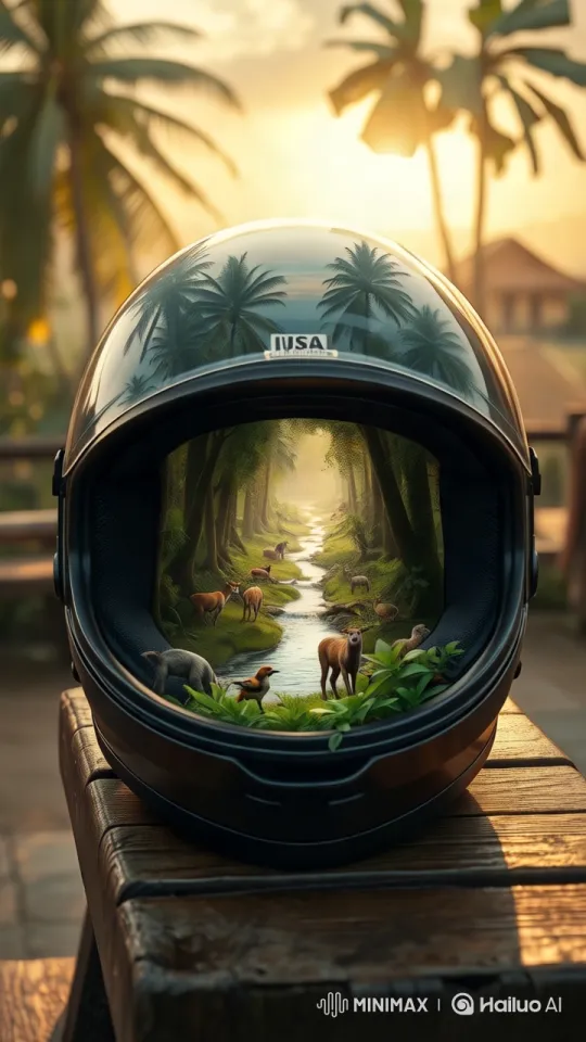 Helmet's Portal to a Miniature Tropical Paradise – AI Generated Video | Hailuo AI