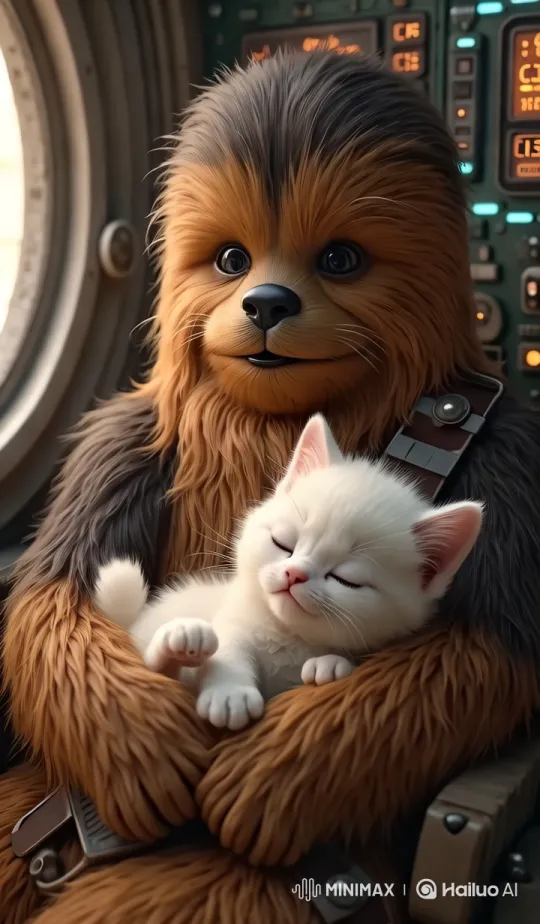 Wookiee Bonds with Sleeping Kitten on Spaceship – AI Generated Video | Hailuo AI