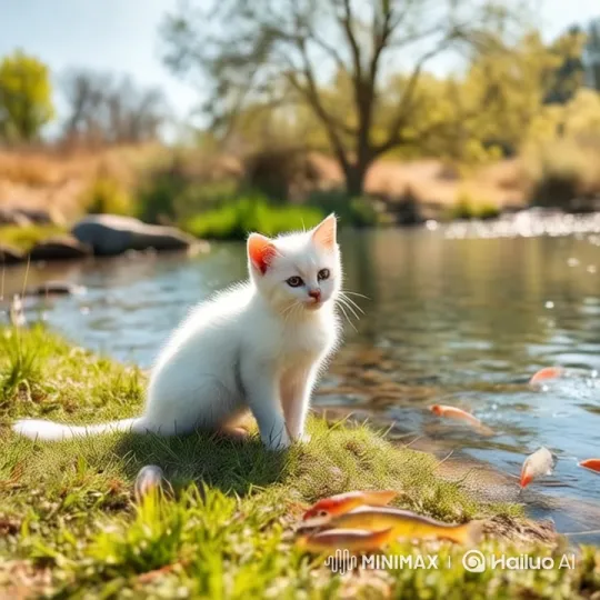 Curious Kitten Watches Fish on a Sunny Riverbank – AI Generated Video | Hailuo AI