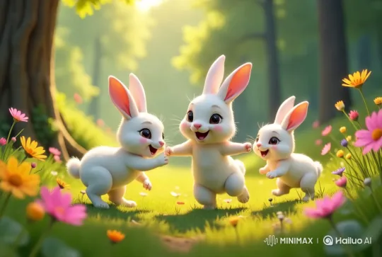Joyful Rabbits Play in Enchanting Forest – AI Generated Video | Hailuo AI