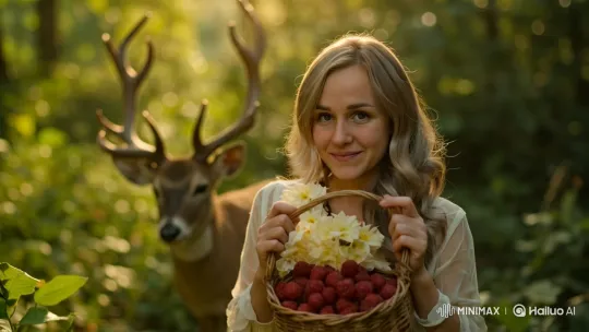 Girl and Deer Share Serene Moment in Golden Forest – AI Generated Video | Hailuo AI