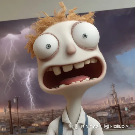 Cartoon Character Surprised by Stormy Cityscape – AI Generated Video | Hailuo AI