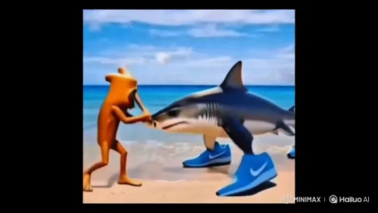 Humanoid Battles Shark on Aesthetic Beach – AI Generated Video | Hailuo AI