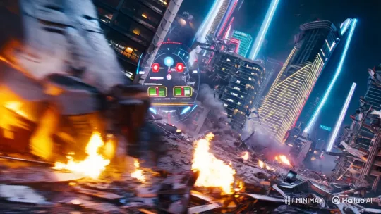 Futuristic Kaiju Suit Charges Through War-Torn Cityscape – AI Generated Video | Hailuo AI