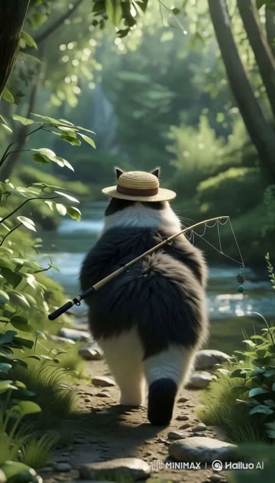 Fluffy Cat with Fishing Rod in Peaceful Forest Setting – AI Generated Video | Hailuo AI