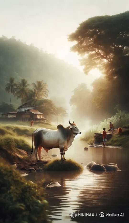 Tranquil River Landscape with Majestic Bull and Rustic Charm – AI Generated Video | Hailuo AI
