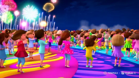 Whimsical Celebration on a Rainbow Stage with Dancing Children – AI Generated Video | Hailuo AI