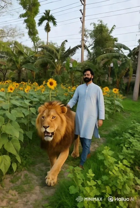 Man and Lion Bond in Serene Sunflower Field – AI Generated Video | Hailuo AI