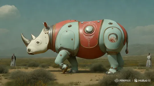 Artistic Robotic Rhino Marches Through Desert Landscape – AI Generated Video | Hailuo AI