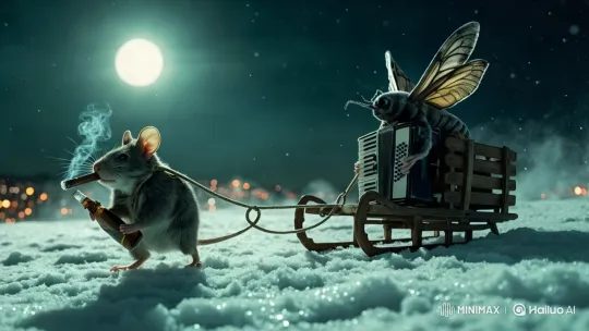 Mouse Pulls Sled with Moth Accordionist in Moonlit Snowscape – AI Generated Video | Hailuo AI