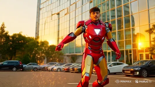Young Man Emulates Iron Man in Cityscape at Sunset – AI Generated Video | Hailuo AI