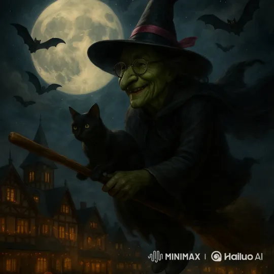 Witch on Broomstick Flies Over Halloween Town – AI Generated Video | Hailuo AI