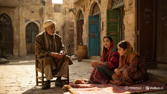 Elderly Man Converses with Two Women in Rustic Alley – AI Generated Video | Hailuo AI