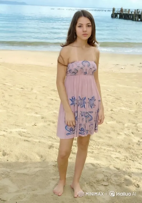 Young Woman on Beach Showcases Dress Details – AI Generated Video | Hailuo AI