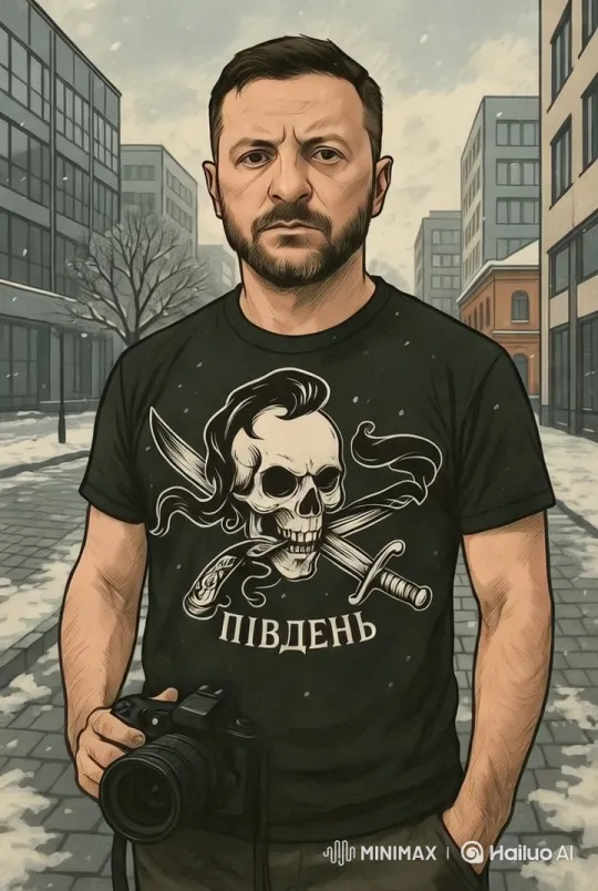 Winter Scene: Man with 'Південь' Shirt Amidst Snowy City – AI Generated Video | Hailuo AI