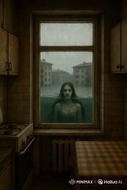 Eerie Flooded Kitchen with Mysterious Figure Outside – AI Generated Video | Hailuo AI