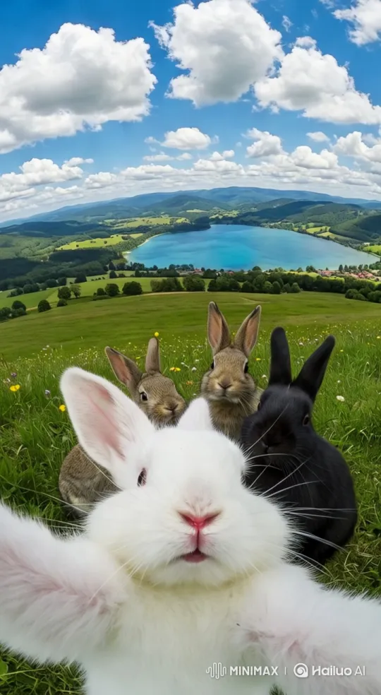 Rabbits Enjoy Serene Meadow Selfie in 360° Panorama – AI Generated Video | Hailuo AI