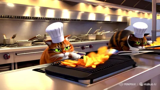 Cats Work with Grace in Surreal Fast-Food Kitchen – AI Generated Video | Hailuo AI