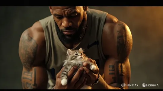 Muscular Man Tenderly Holds Tiny Kitten – AI Generated Video | Hailuo AI