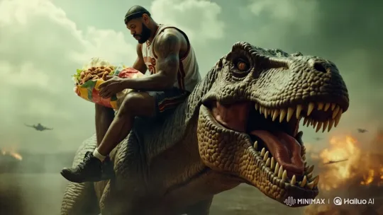 Muscular Man Rides Dinosaur Amidst Epic Battlefield – AI Generated Video | Hailuo AI