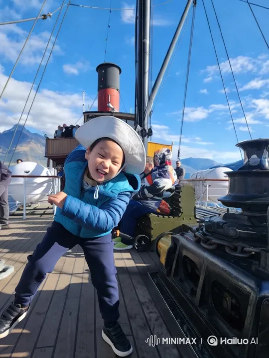 Vibrant Child on Ship's Deck with Scenic View – AI Generated Video | Hailuo AI