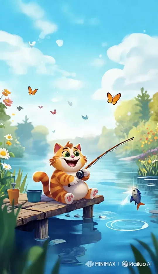 Orange Tabby Cat Joyfully Fishing in a Sunny Lake – AI Generated Video | Hailuo AI