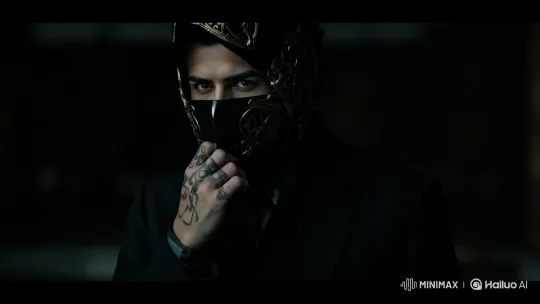 Masked Individual with Tattoos in Dramatic Setting – AI Generated Video | Hailuo AI