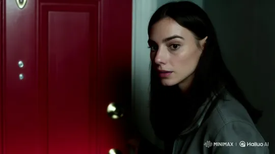 Woman Confronts Mysterious Red Door in Shadowy Hall – AI Generated Video | Hailuo AI