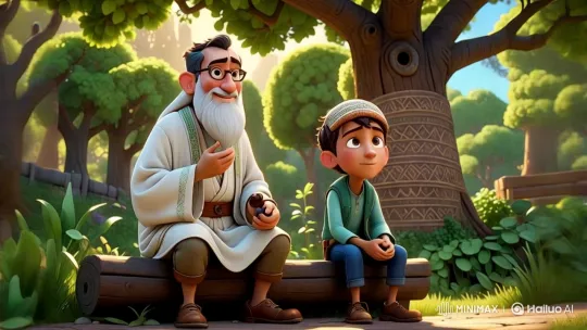 Elderly Man and Young Boy Converse in Serene Forest – AI Generated Video | Hailuo AI