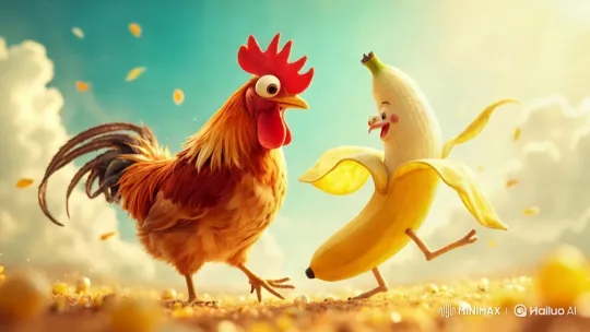 Vibrant Rooster and Banana Dance in Whimsical Setting – AI Generated Video | Hailuo AI