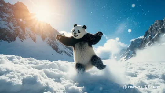 Fluffy Panda Dance on Snowy Peak at Sunrise – AI Generated Video | Hailuo AI