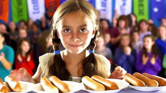 Young Girl Excels in Hot Dog Eating Contest – AI Generated Video | Hailuo AI