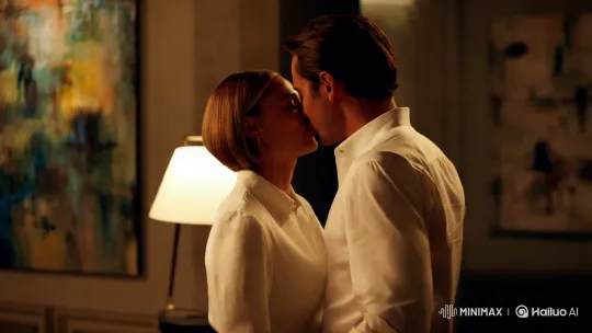 Romantic Couple Shares Intimate Kiss in Art-Adorned Room – AI Generated Video | Hailuo AI