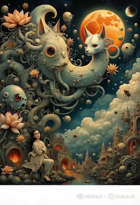 Fantastical Moonlit Landscape with Roaring Giant Fox and Serene Girl – AI Generated Video | Hailuo AI