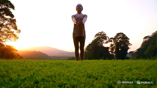 Dawn Yoga in a Tranquil Meadow Landscape – AI Generated Video | Hailuo AI
