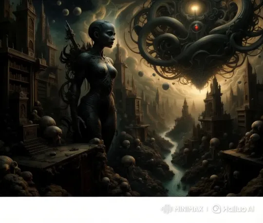 Giant Girl in Surreal Gothic Landscape with Mesmerizing Creature – AI Generated Video | Hailuo AI