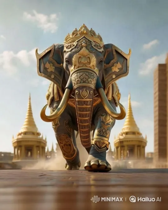 Elephant in Golden Armor at Majestic Temple – AI Generated Video | Hailuo AI