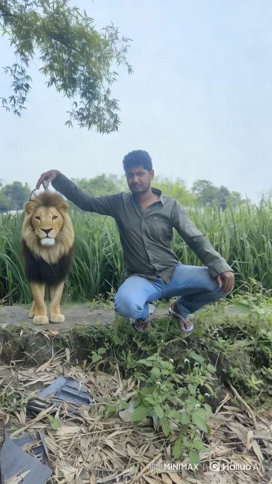 Man Embraces Lion Statue in Serene Garden Setting – AI Generated Video | Hailuo AI