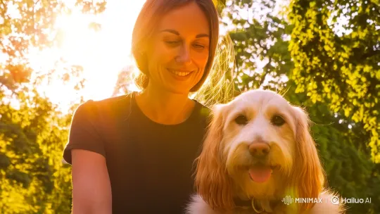 Golden Moment: A Person and Their Dog in Serene Park – AI Generated Video | Hailuo AI